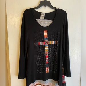 Black serape western top with cross and striped back tunic